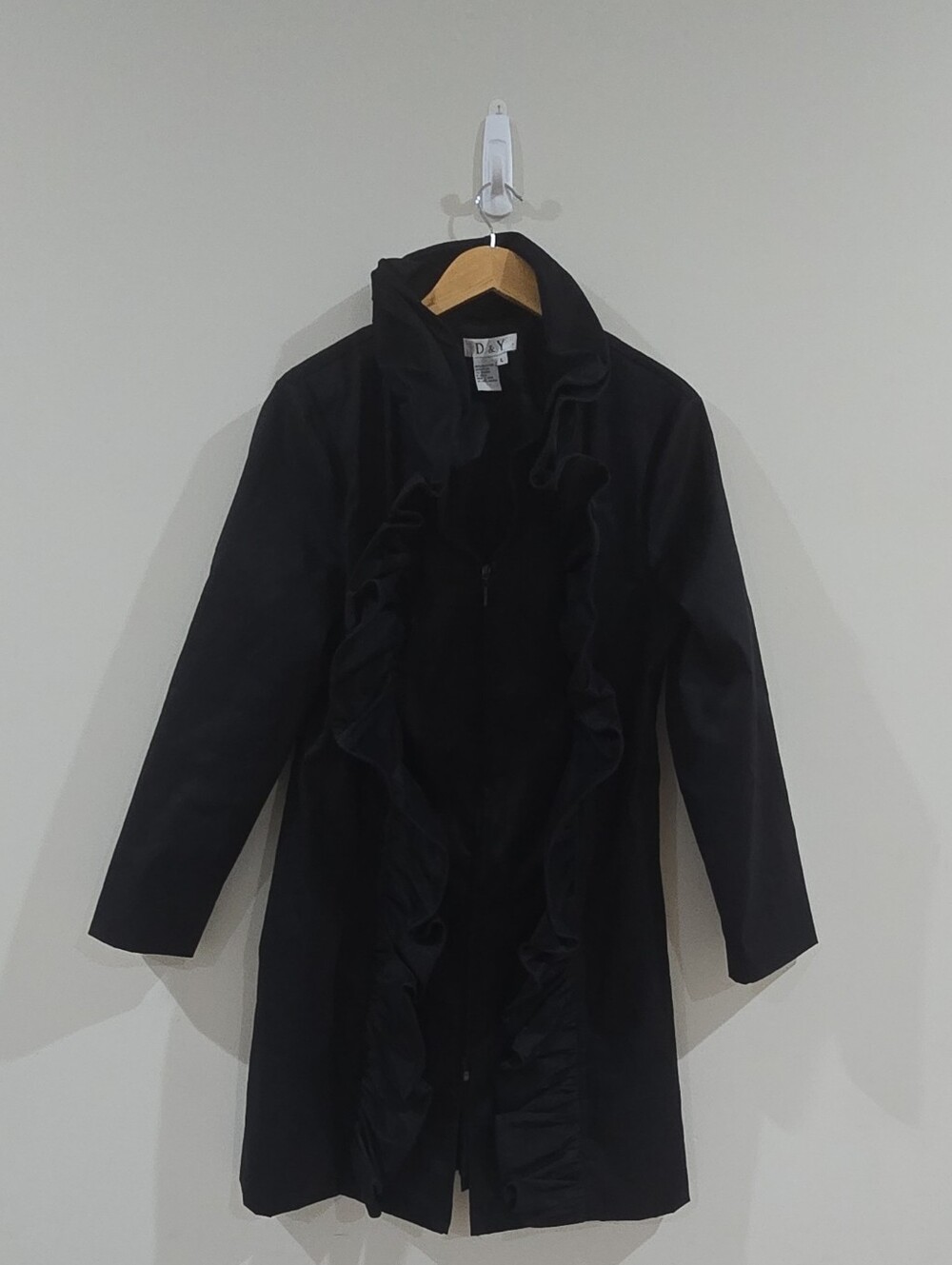 Ruffle D&Y Women's L Black Full Zip Mid-Length Coat Long Sleeve Solid  Basic